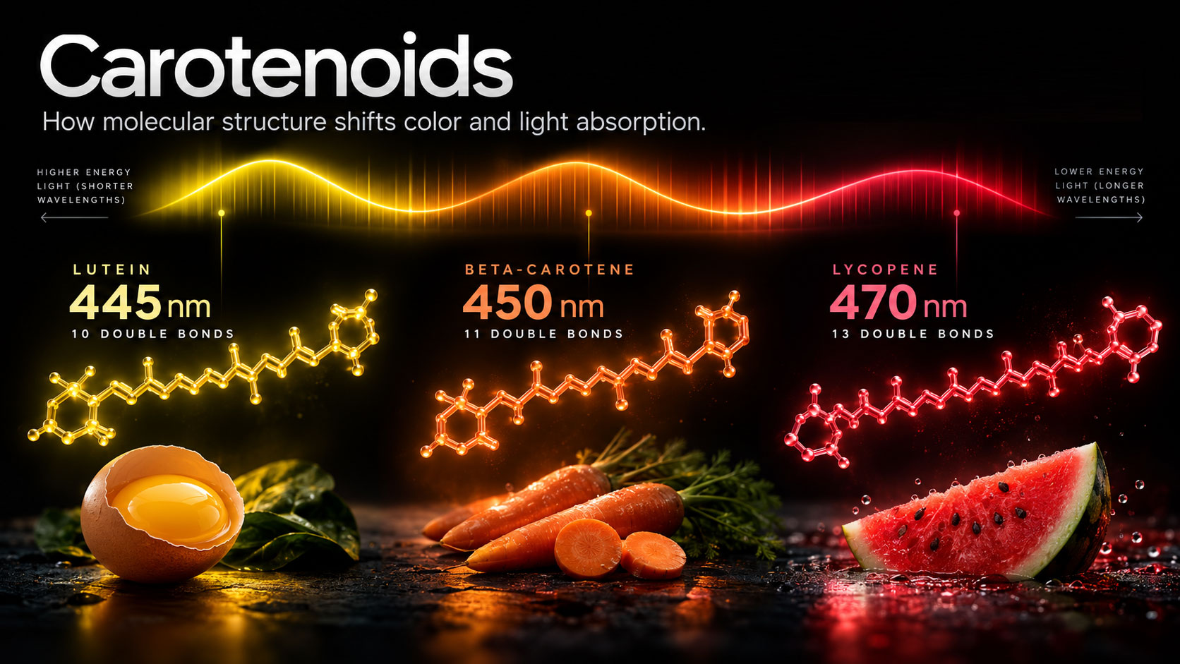 Carotenoids: molecular structure shifts color. 10 double bonds become lutein, yellow. 11 double bonds become beta-carotene, orange. 13 double bonds become lycopene, red.